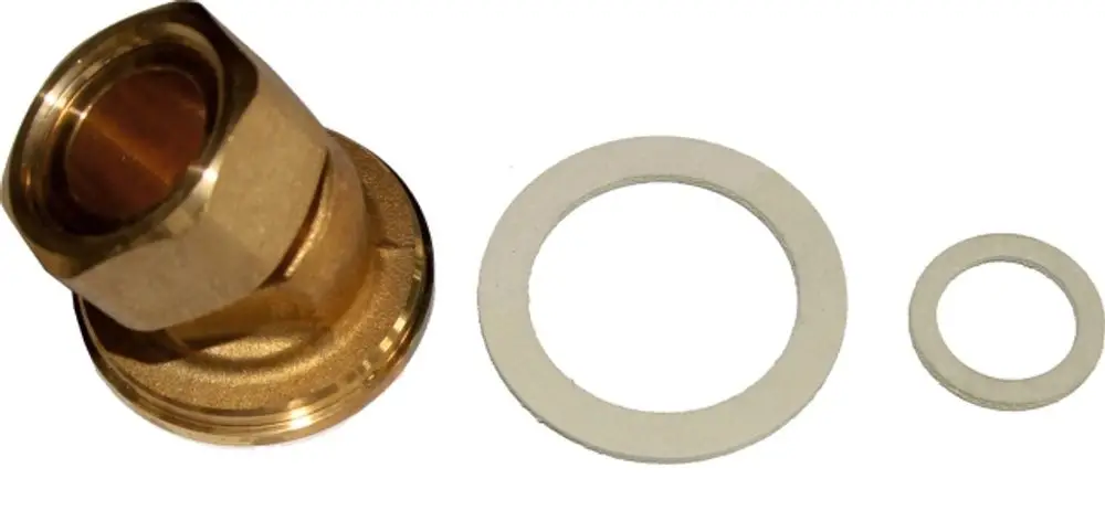 Messing-Coupling mit zwei Dichtungen, geeignet für Verrohrungsanwendungen. Wolf Produkte für sichere Verbindungen in Heizungs- und Sanitärinstallationen.